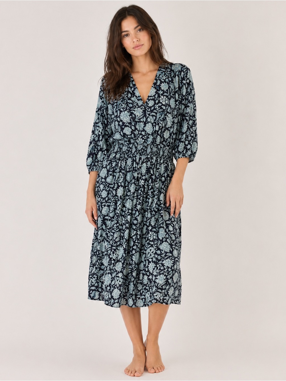 Lola Australia Blue Floral Cotton Midi Dress Gathered Waist LG